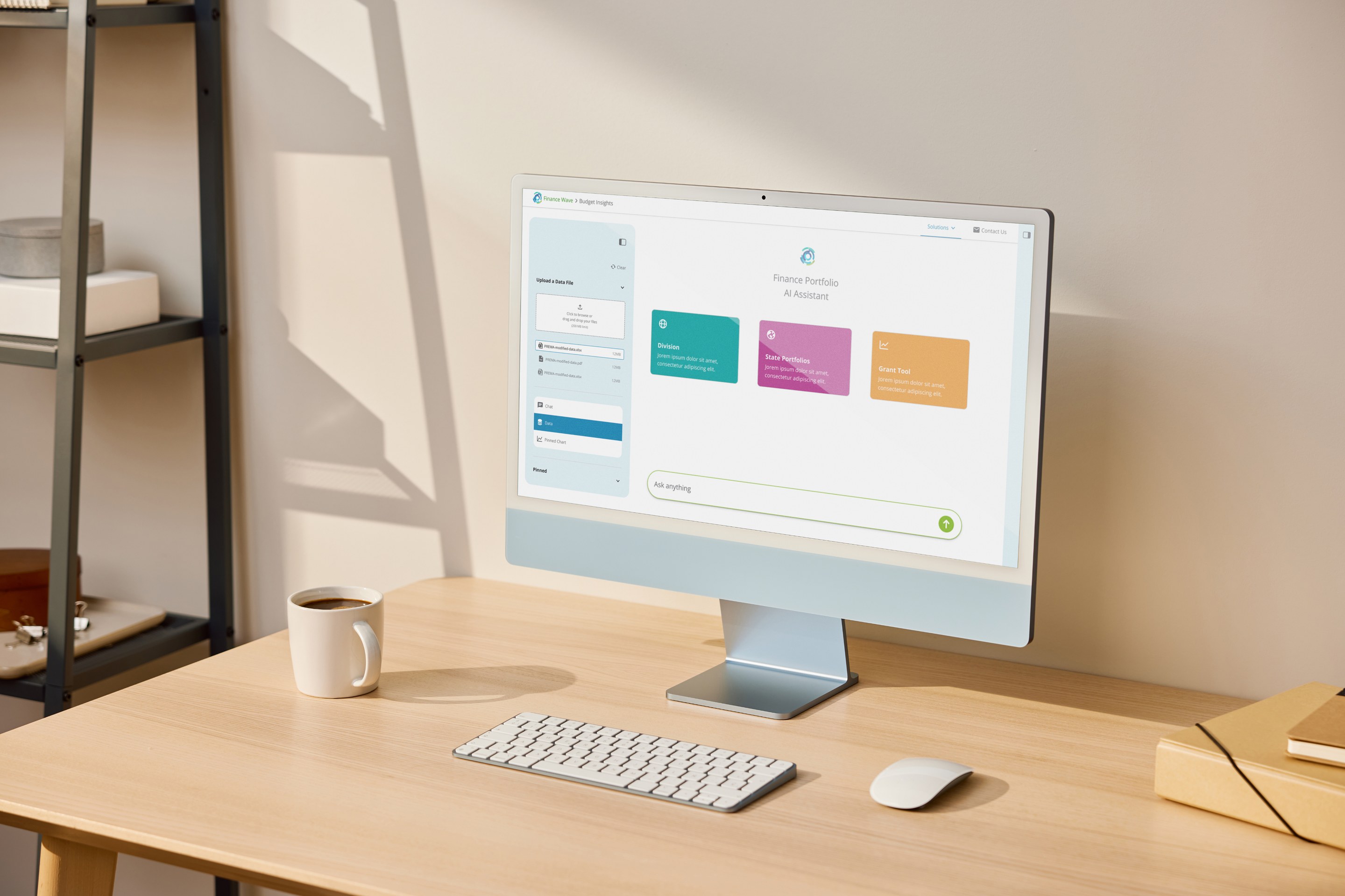iMac on a wooden desk showing a conversational UI for an AI assistant