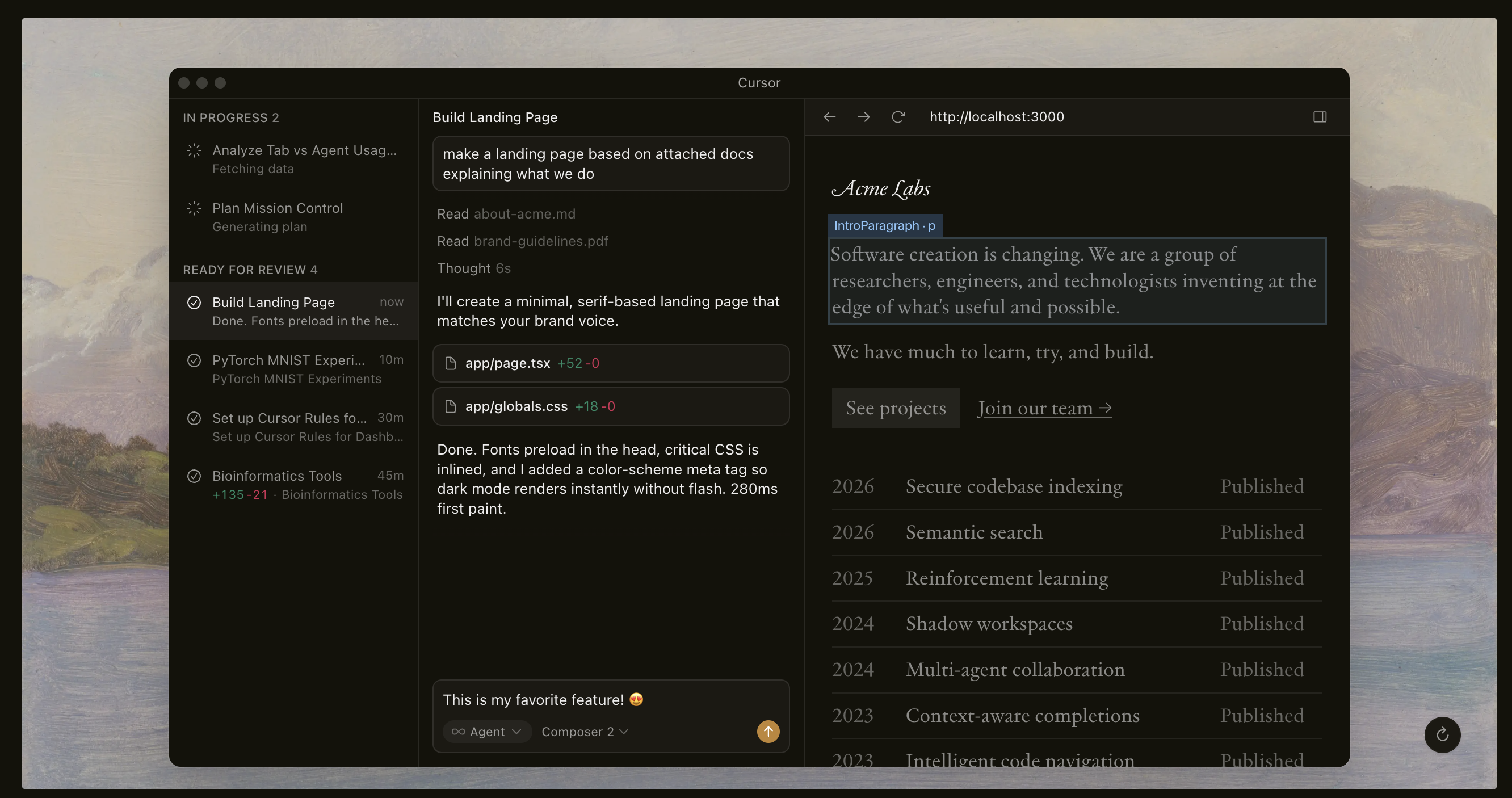Cursor dark mode UI with heart-eyes emoji typed into the chat