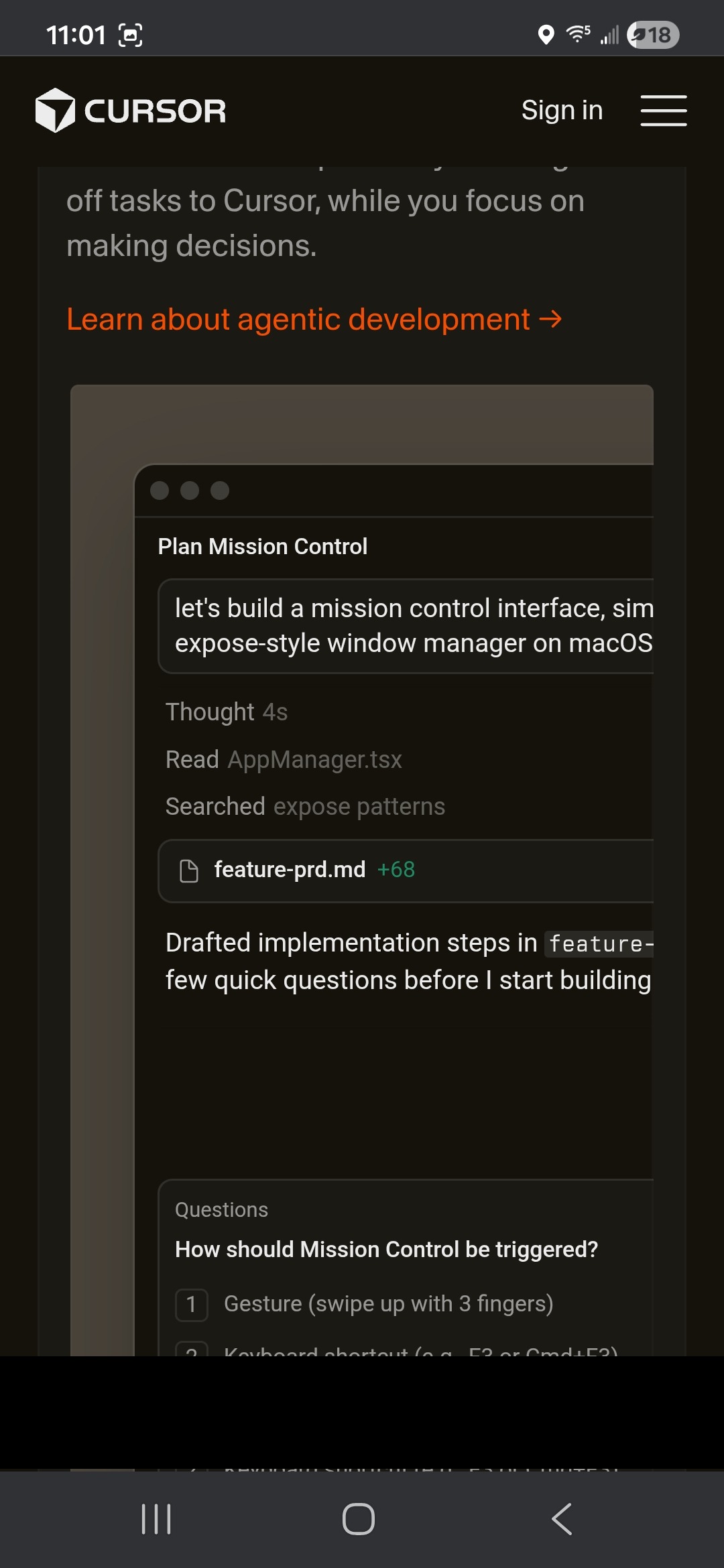 Cursor mobile — same palette further down the page