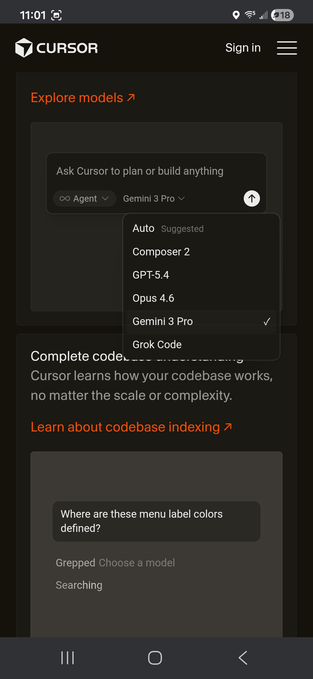Cursor mobile — model picker dropdown overlapping next card