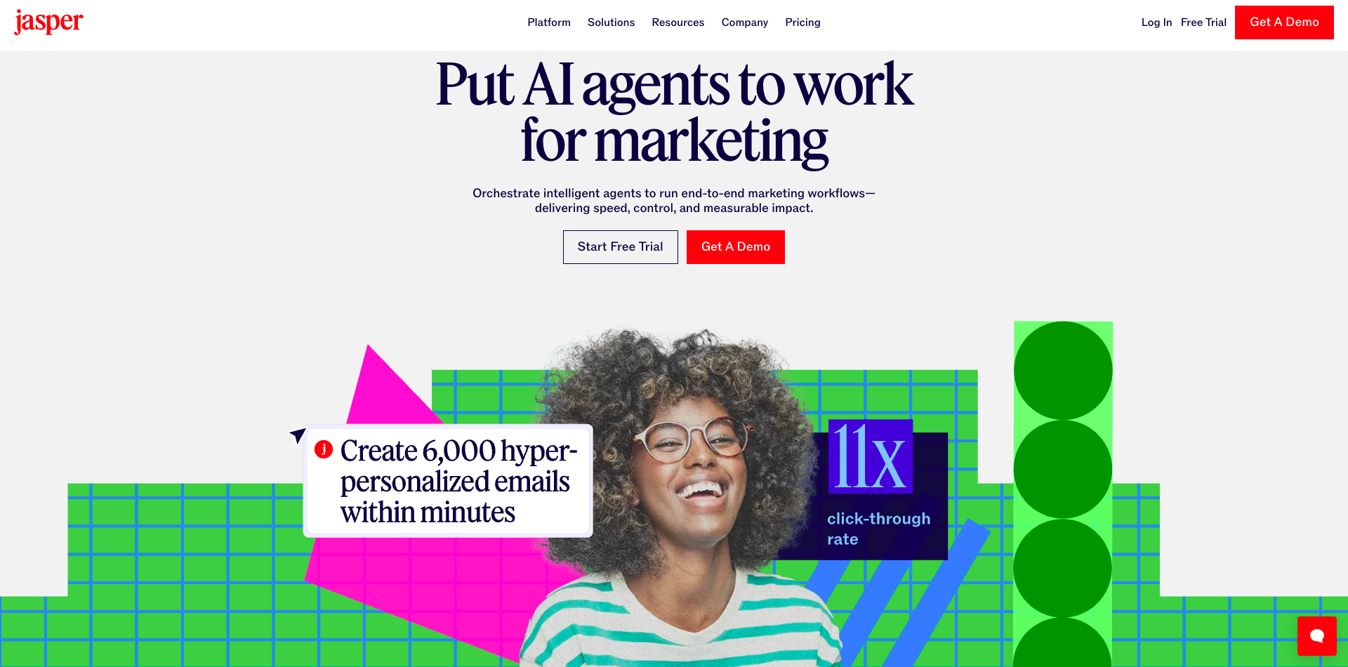 Jasper.ai homepage with editorial hero graphic and five-item nav