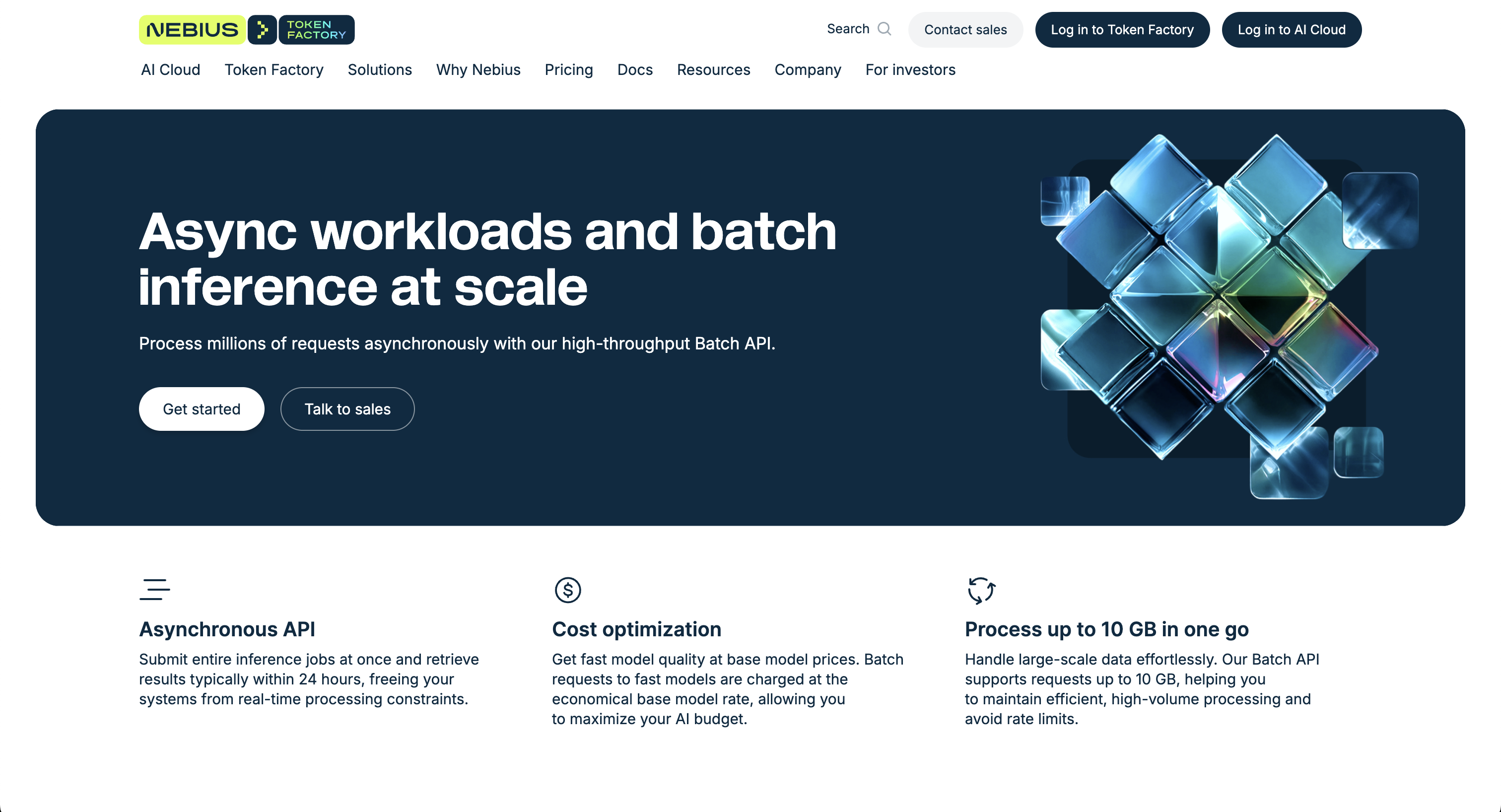Nebius Async workloads page with a crystalline cube graphic and a Get started / Talk to sales CTA pair