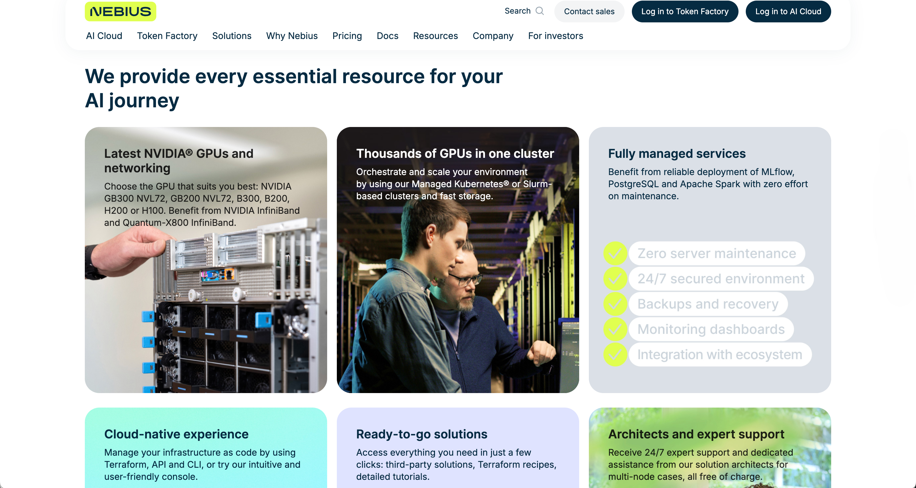 Nebius “every essential resource for your AI journey” section with NVIDIA GPU cards, an image-over-text photography card, and a gray checklist box for fully managed services