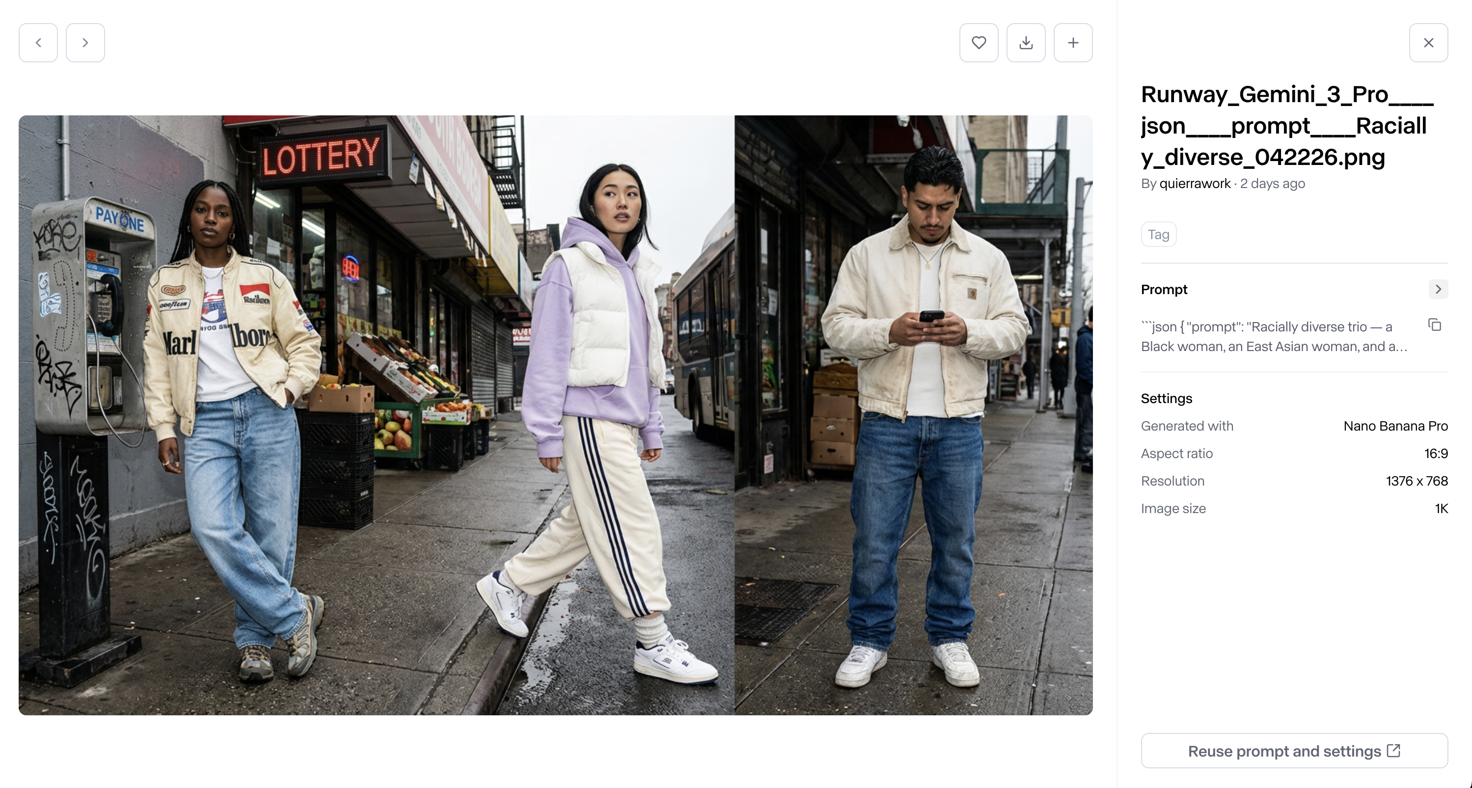 Runway asset viewer showing a three-figure urban fashion generation, arrow navigation at the top, and prompt metadata with a “Reuse prompt and settings” action on the right sidebar