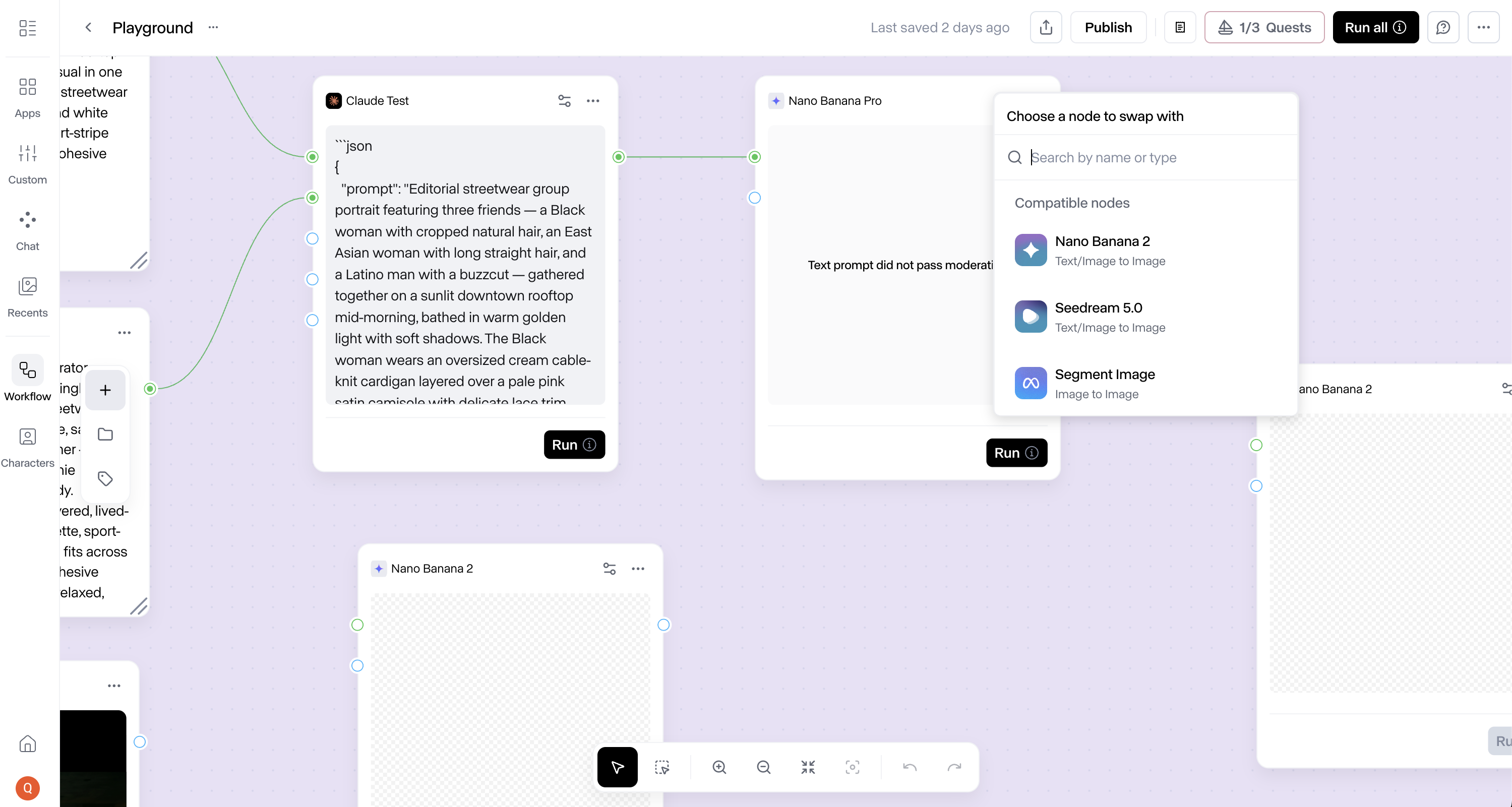 Runway Workflows canvas with a Claude Text node wired to Nano Banana Pro (showing a moderation error) and an open “Choose a node to swap with” modal listing compatible image nodes