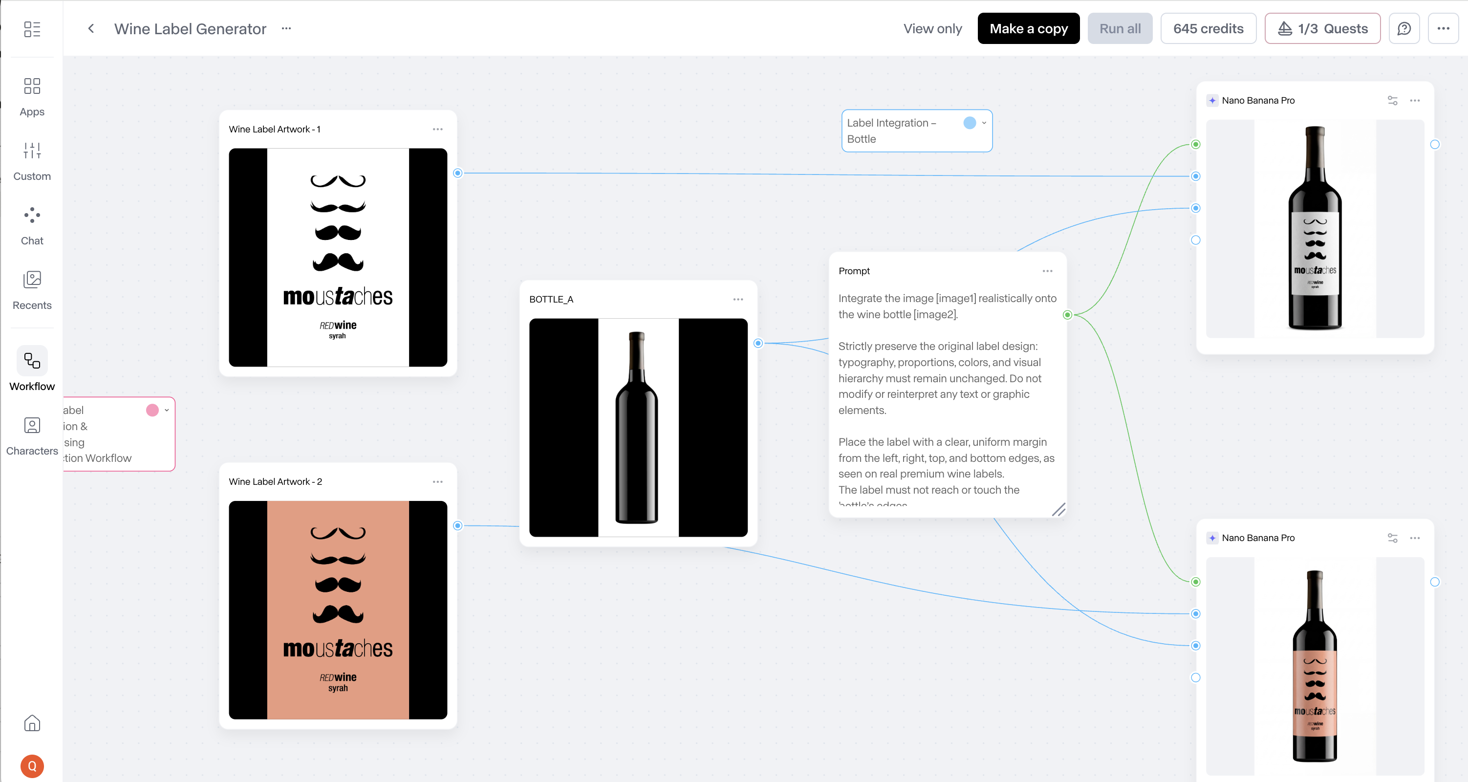 Runway Wine Label Generator pre-built workflow opened, showing the full node graph wired from prompt through image generations to final bottle renders